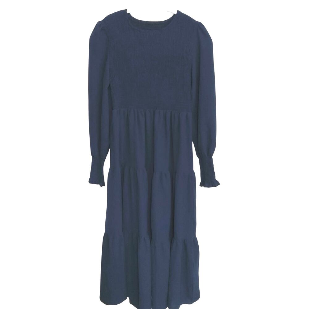 Boho Navy long sleeve tiered maxi dress Ruched size large oversized, lightweight